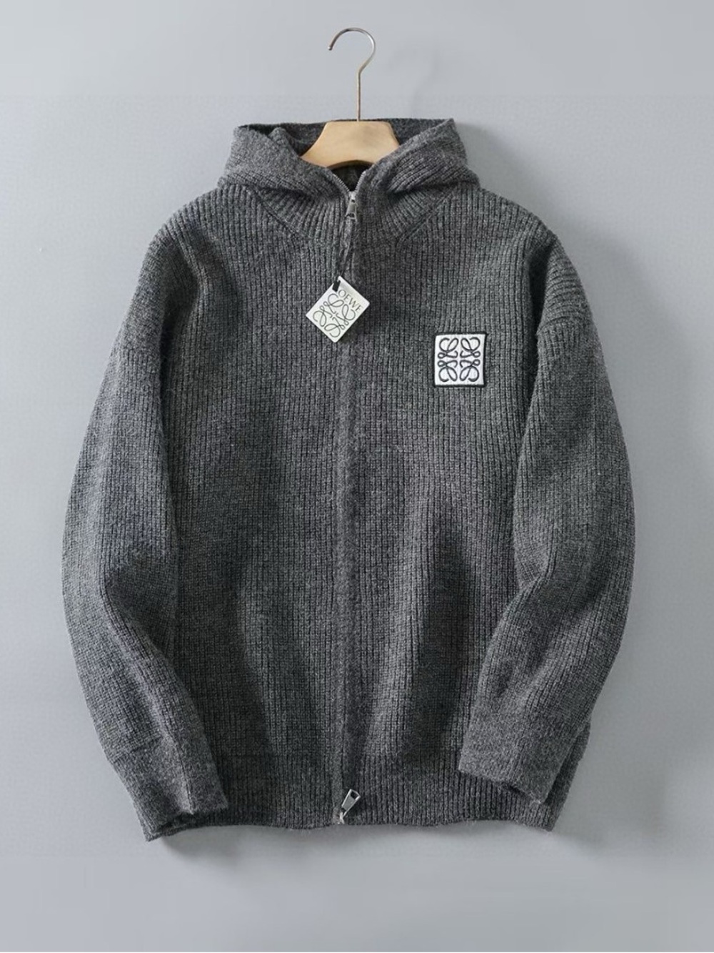 Loewe Charcoal Gray Hooded Zip Knit Cardigan